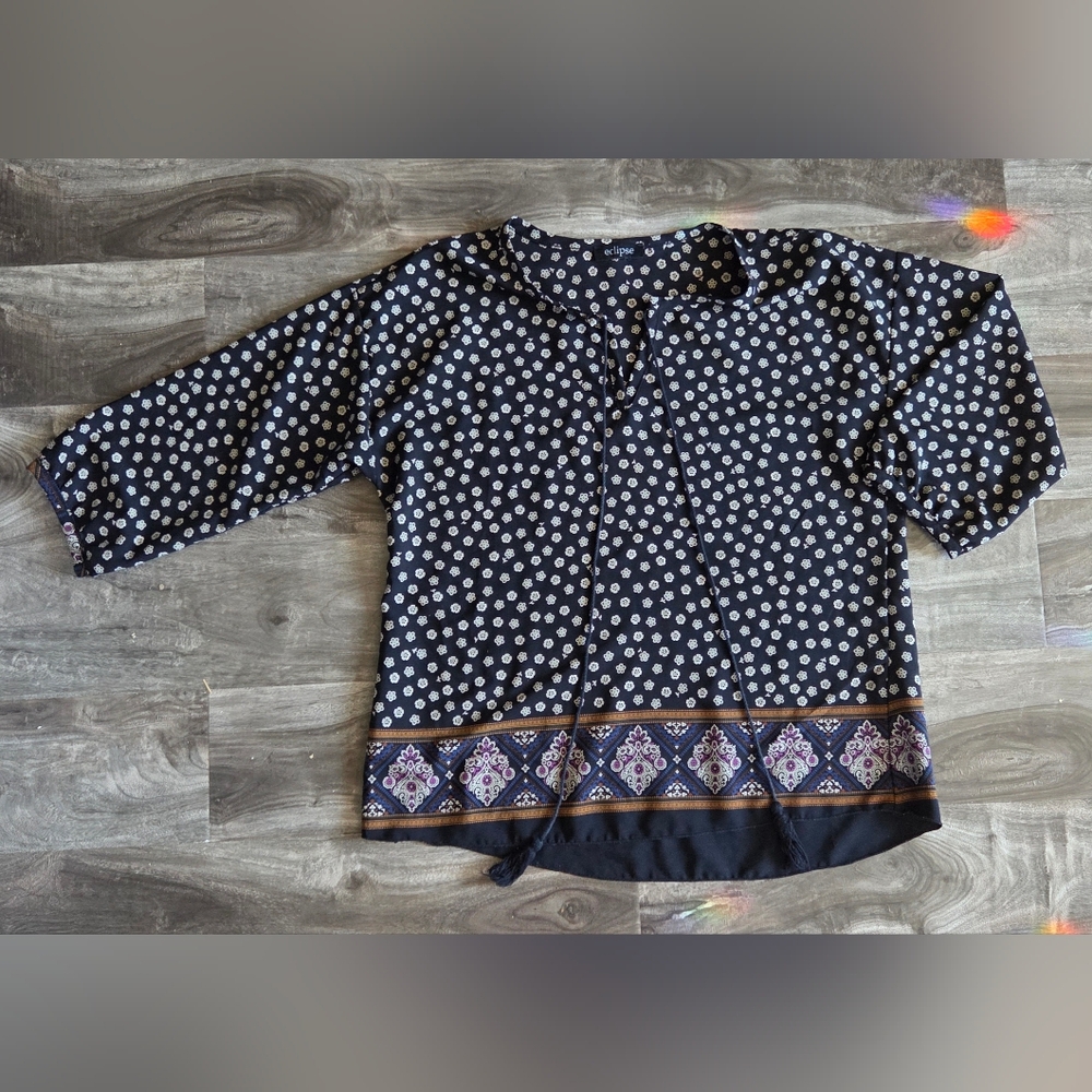 Eclipse Women's Navy and White Polka Dot Blouse
